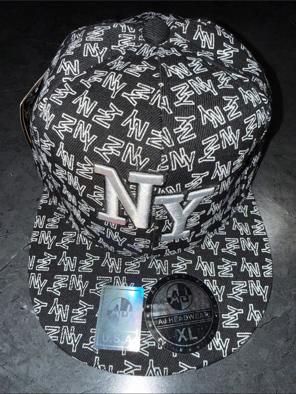 Black NY Embroidered All-Over Logo Baseball Cap